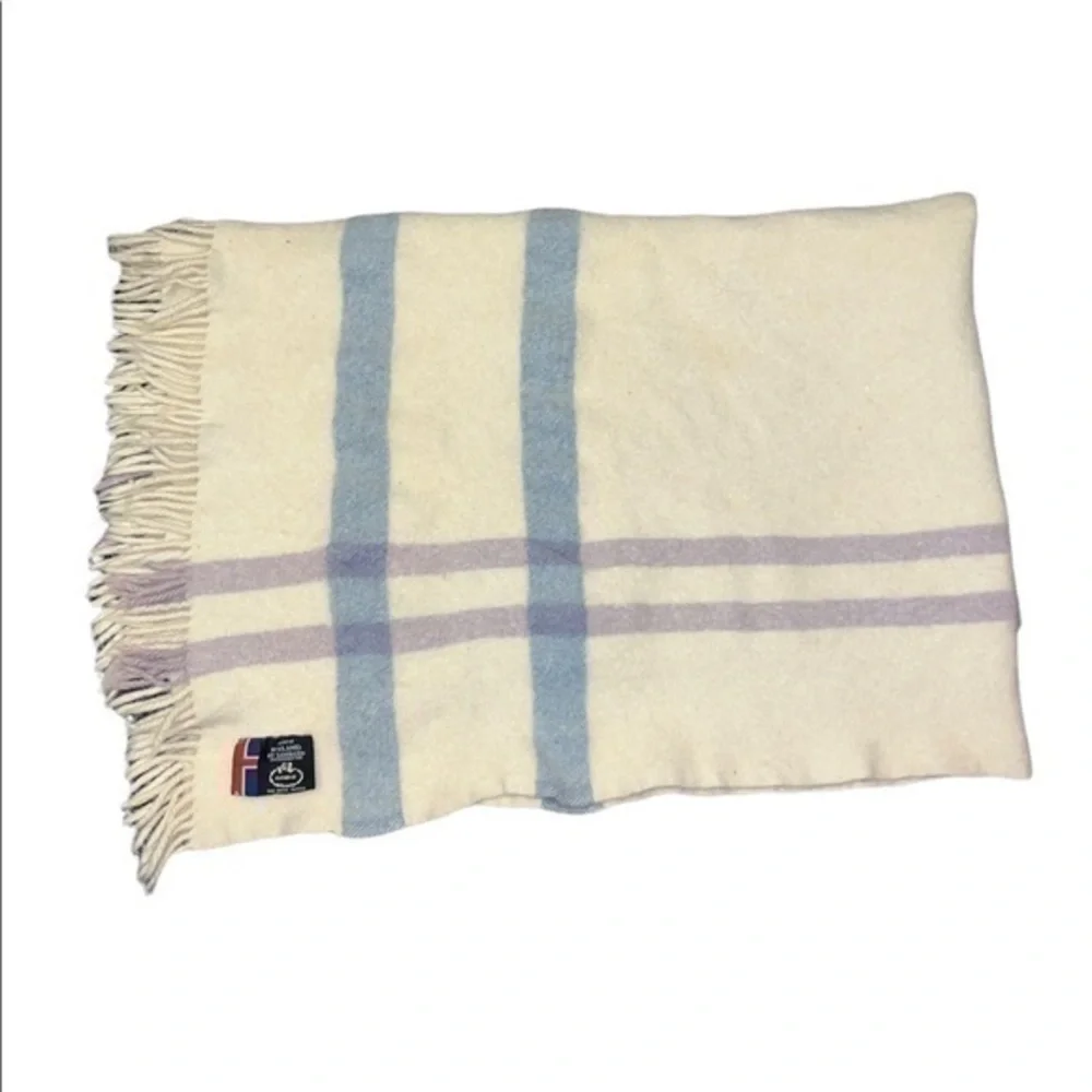 Vintage Samband Landau Iceland Pure Wool Blanket White Blue Purple Plaid